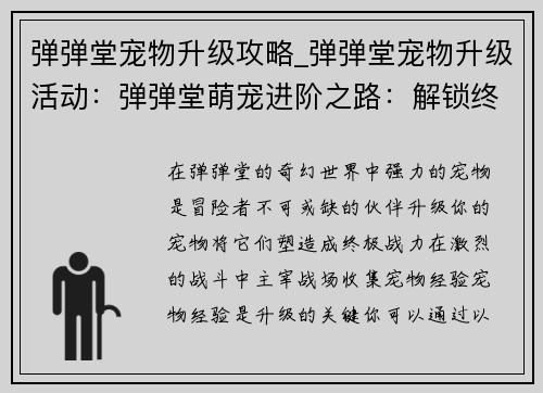 弹弹堂宠物升级攻略_弹弹堂宠物升级活动：弹弹堂萌宠进阶之路：解锁终极战力